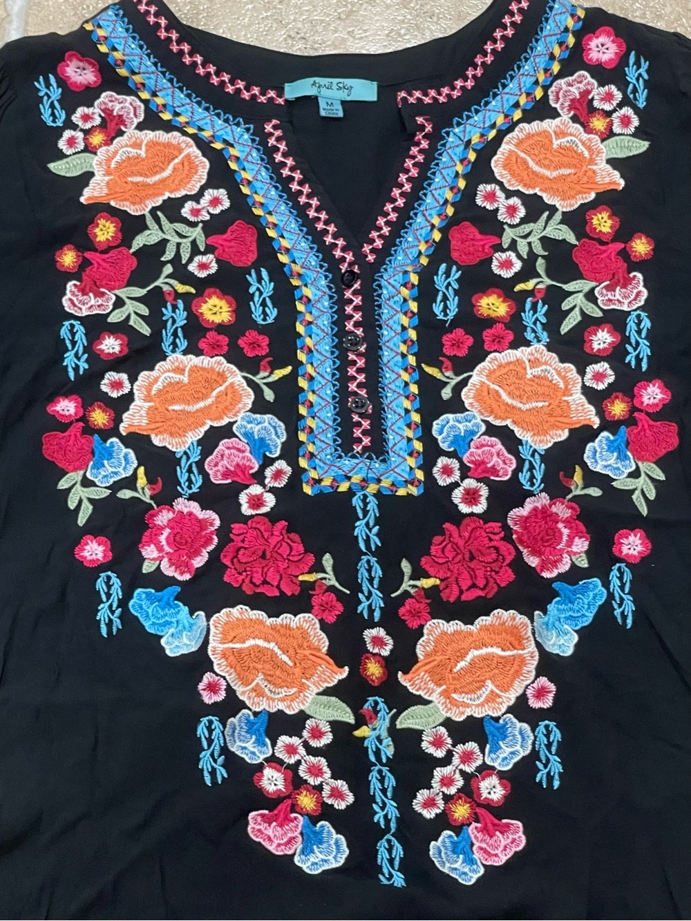 Black Embroidered V-Neck Floral Tunic Top - Black/Multicolor